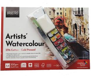 BRuSTRO Artists' Watercolour Pan Set of 42 with Artist 25% Cotton Watercolour Pad Cold Pressed 200 GSM A4 Pad 20 Sheets