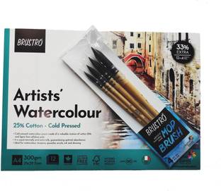BRuSTRO Artists' Natural Hair MOP Brush Set of 4 (0, 2, 4, 8) with Artist Watercolour Pad Cold Pressed 300 GSM 25% Cotton A4 - (12 + 4 Free Sheets)