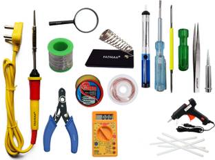 FADMAN Basic Complete Part Type-15 Soldering Iron Kit | Wire Cutter | Stand | Solder Wire | Tweezer | Soldering Flux | Soldering Bit | Tester| Desoldering Pump | Magnifying Glass | Desoldering Wick | 2IN1 Screw Driver | Digital Multimeter | 20W Glue Gun & 7mm Glue Sticks (5 PCS) | Soldering Iron 25 W Simple