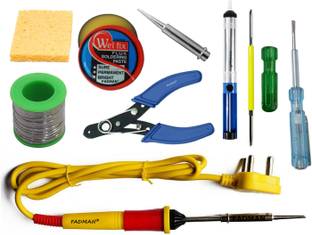 FADMAN 9 IN 1 Soldering Iron Kit (Set of 9) | Solder Wire | Soldering Paste Flux | Desoldering Pump | Wire Cutter | Soldering Bit | Sponge | 2IN1 Screw Driver | Tester | Yellow+Full Red Soldering Iron 25 W Simple