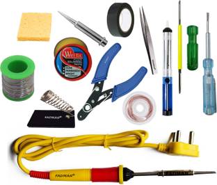 FADMAN 13 IN 1 Soldering Iron Kit (Set of 13) | Solder Wire | Soldering Paste Flux | Desoldering Pump | Wire Cutter | Soldering Bit | Sponge | 2IN1 Screw Driver | Tester | Tweezer | Hardware Tape | Stand | Desoldering Wick | Yellow+Full Red Soldering Iron 25 W Simple