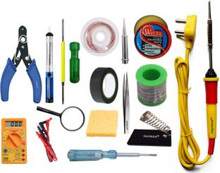 FADMAN Basic Bundle Electric 25W Soldering Iron Kit - Set of 15 PK-15 | Soldering Iron Stand | Solder Wire | Wire Cutter | Soldering Paste Flux | Hardware Tape | Soldering Bit | 2IN1 Screw Driver | Tweezer | Desoldering Pump | Sponge | Desoldering Wick | Tester|Digital Multimeter | Magnifying Glass | (Yellow+F+Red) Soldering Iron 25 W Simple