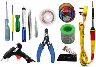 फैडमैन Soldering Iron Kit - Set of 12 Bundle Pack 12 Electric 25W | Soldering Iron Stand | Solder Wire | Wire Cutter | Soldering Paste Flux | Desoldering Wick | Soldering Bit | 2IN1 Screw Driver | Tweezer | Desoldering Pump | Tester | 20W Glue Gun | (Yellow+F+Red) Soldering Iron 25 W Simple 25 W सामान्य