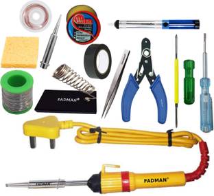 FADMAN 13 IN 1 SOLDERING IRON KIT (SET OF 13) | SOLDER WIRE | SOLDERING PASTE FLUX | DESOLDERING PUMP | WIRE CUTTER | SOLDERING IRON BIT | SPONGE | 2 IN 1 SCREW DRIVER | TESTER | TWEEZER | HARDWARE TAPE | STAND | DESOLDERING WICK | SOLDERING IRON 25 W Simple