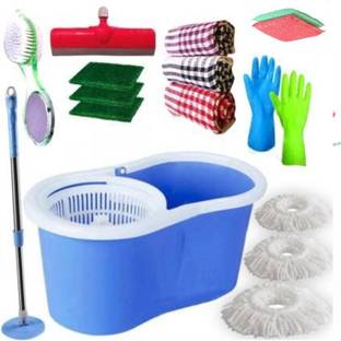 JSN Easy Magic Spin Floor Mop 360 Degree Bucket mopper floor cleaner with bucket 3 Microfiber Heads, Pedi Cleaner, Sponge, Silicon Gloves, scrub pad, Floor wiper, Kitchen cloth, Gloves Mop Set