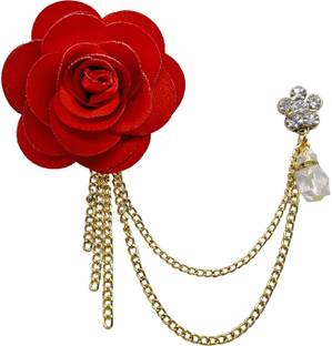 FURE Double Chain Red Fabric Flower Brooch