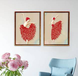 Painting Mantra Art Street Red Floral Dancing Lady Framed Printed Set of 2 Wall Art Print-13x17 inchs Canvas 17 inch x 13 inch Painting