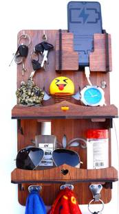 US DZIRE ™ 812 Mobile Charging Wall Mounted Stand with Key & Cloth Hanger Watch Wallet Showpiece Storage Self Wooden Handcrafted Home & office decoration Wooden Wall Shelf