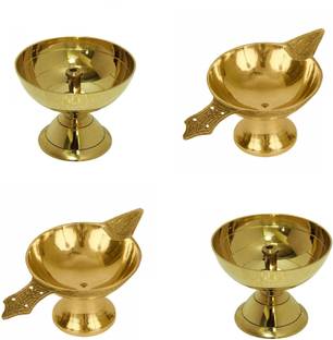 De-Ultimate Combo Of 2 Pcs Classic Round Pure Brass Paro Pyali Worship/Spirtual/Religion Table Diya Designed Deepak With 2 Pcs Pure Brass Akhand Laxmi Deepak Pital Diya /Deepak for Arti Puja Brass