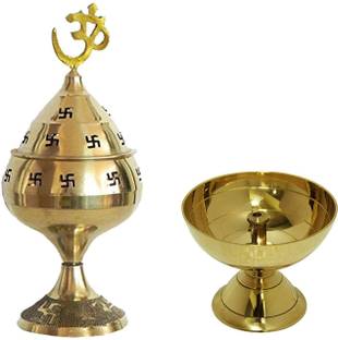 Utkarsh Combo Of 2 Pcs Classic Round Paro Pyali Diya (No 1) With ( No.2 )Jali Jyoti Deep with Stand, Cover & Om Puja For Worship/Spirtual/Religion Brass