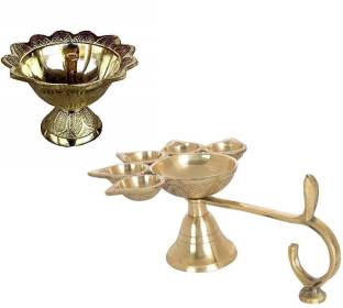 De-Ultimate Combo Of 5 Face Puja Camphor Burner Lamp Panch Aarti Jyoti With Brass Diwali Devdas (No 1 ) Diya Oil / Ghee Lamp Brass