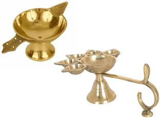 Utkarsh Combo Of 5 Face Puja Camphor Burner Lamp Panch Aarti Jyoti With Brass Akhand Laxmi Deepak Pital Diya Brass