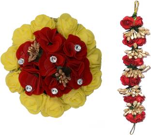 NATTH Wedding Artificial flower Gajra Hair Bun Flower Gajra Yellwo and Red For womens Bun