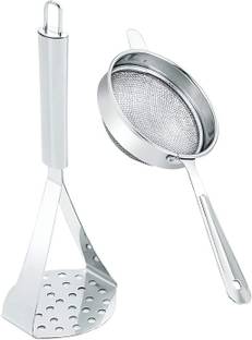 AXOLOTL Stainless Steel Potato Masher & Double Net Tea Sieve Combo Kitchen Tool Set