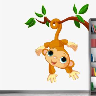 WALL STICKS 90 cm Cute Monkey - Hanging On Branch Animals Baby Kids Room Learning Education Non-Reusable Sticker