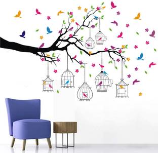 WALL STICKS 150 cm Tree Birds Cage Branch - Flowers - Colourful - Decorative - Wall Sticker WS050 Non-Reusable Sticker