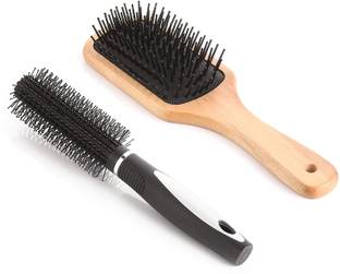 Bestone Combo of Wooden Paddle Hair Brush and Round Hair Comb Brush with Soft Nylon Bristles for Women and Men