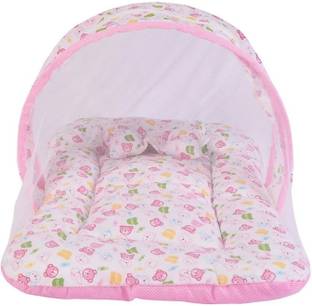 croox New Born baby bedding set with protective mosquito net, cute pillow and folding Pure Cotton mattress Convertible crib