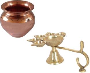 De-Ultimate Combo Of 5 Face Puja Camphor Burner Lamp Panch Aarti Jyoti With Copper ( 2 No ) Kalash Lota Brass