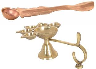 उत्कर्ष Combo Of 5 Face Puja Camphor Burner Lamp Panch Aarti Jyoti With Copper Panch Patra Spoon पीतल