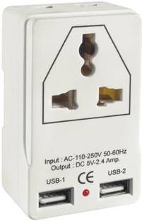 Protos India.Net Hilex Dual 2 USB Travel Charger - 3 Pin & 2 Pin Universal Socket 2.4Amp 5V Worldwide Adaptor Adapter Worldwide Adaptor