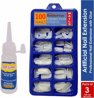 FStyler Imported Best Quality Artificial Empress Curve 100 Tips Fake Nails with Super Glue 3gm (Pack of 3) While