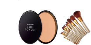 Miss Hot Focus Pressed Powder - Compact With Makeup Brush Set - /set | Professional Powder Foundation | Eye Shadow Golden Brush Set (Pack of 12)