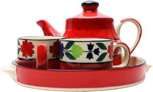 Hindustani Saudagar Ceramic Microwave Safe Hand Made Painted Tea Set with Kettle and 2 Cup Capacity of 150 Ml Excellent Gift for Any Occasion: Holidays, Anniversaries, Appreciation