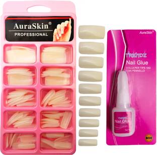 AuraSkin 100pcs Artificial Nail Tips Best False Nails with 10ml Strong Nail Glue Natural