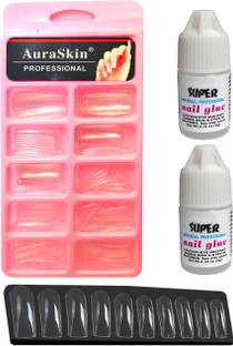 AuraSkin 100pcs Transparent Artificial Nail Tips Best False Nails with 2pcs Strong Nail Glue Transparent