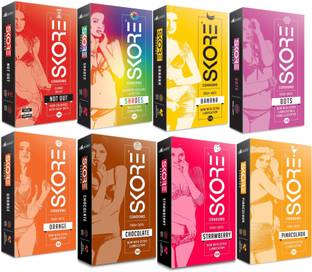 SKORE New Adventure Pack of Dotted (Shades,Dots, Orange,Starwberry, Chocolate, Pinacolada,Not Out, Banana) Condom