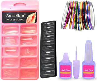 AuraSkin New Transparent 100pcs Multi size Artificial Nail Fake acrylic Nail Tips Best False Nails with 10ml Strong Nail Glue