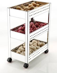 KEEPWELL Stainless Steel 3-Tier Multi-function Vegetable / Fruit Basket / Storage Trolley for Home & Kitchen Stainless Steel Kitchen Trolley