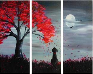 Indianara 3 PC SET OF DOG IN FULL MOON NIGHT (2630) Digital Reprint 15 inch x 6 inch Painting