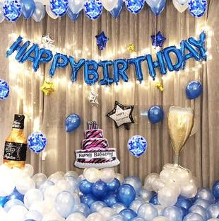Bash N Splash Printed Silver & Blue Happy Birthday Party Decoration Pack with Star & Bottle Balloon (Pack of 67) Letter Balloon