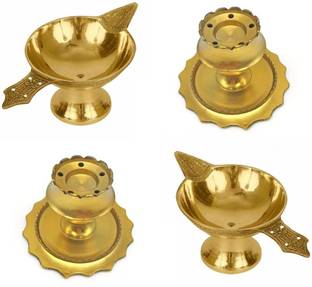 Utkarsh Combo Of 4 Pcs Laxmi Deepak Pital Diya (No 2 ) Oil / Ghee Diya With Brass Incense Stick Holder Brass