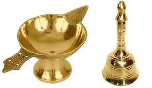 उत्कर्ष Combo Of Round Head Pooja Puja Bell Ghanti With Akhand Laxmi Deepak Pital Diya पीतल