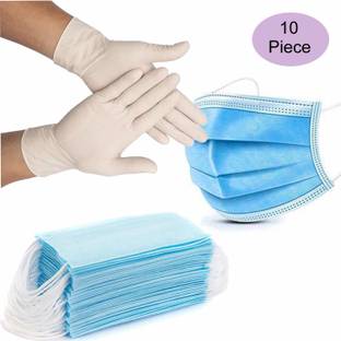 Shop & Shoppee Medical Examination Disposable Latex Hand Gloves & 3 layer 3Ply Surgical Mask for Security to Infection (10 Gloves & 10 Masks) SnSMG1 Reusable Surgical Mask With Melt Blown Fabric Layer