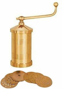 EGLOB Brass Gathiya Sevaiya Bhujia Sevai Nazhi Idiyappam Press Chakli Murruku Farasan Namkeen Maker Machine with 6 Different jalis Grater