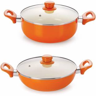 NIRLON Aluminium Casserole, Deep Kadhai Set with Stylish Handle and Glass Lid Induction Bottom Non-Stick Coated Cookware Set