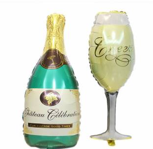 Rozi Decoration Printed Champagne Wine Glass and Champagne Bottle Shaped Balloons for Party Decorations, 32 Inch Each Balloon