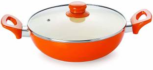 NIRLON Ceramic Non Stick Induction Aluminium Kadhai, 3.6 litres, Orange Kadhai 26 cm diameter with Lid 3.6 L capacity