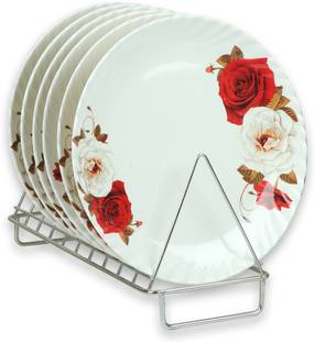 Golden Fish Melamine Red & White Roses Printed Full Size Round Dinner Plate (Set of 6; 11 Inches) Dinner Plate