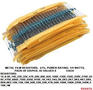 RISARYA METAL FILM RESISTOR, 45 VALUES X 5PCS EACH=225PCS Fixed Resistor
