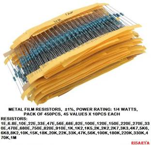 RISARYA METAL FILM RESISTORS, 45 VALUES X 10PCS EACH= 450PCS, 1-OHM TO 1-M OHM Fixed Resistor
