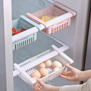 SHAMRUG ENTERPRISE Fruits/Vegetables Kitchen Rack Plastic Set of 4 Adjustable Refrigerator Storage Basket, Expandable Fridge Rack, Sliding Vegetable Organizer Tray Box, Freeze Space Saver Drawer (Multi Colour) Containers Kitchen Rack (Plastic)