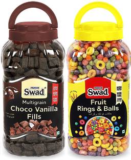 SWAD Fruit Rings N Balls & Choco Vanilla Fills, Combo of 2 Jars (Multigrain Fruit Loops & Chocos Koko Fills Cereal) Jar, 680 g Plastic Bottle