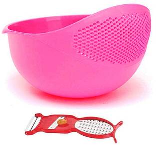 RUDRESHWAR Rice Pulses Fruits Vegetable Noodles Pasta Washing Bowl & Strainer / colander (Pink Color) + 4 in 1 Peeler Kitchen Tool Set