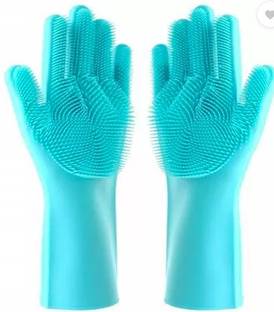 onekart store Silicone Kitchen Magic Gloves for Dishwashing Rubber Dish Washing with Brush Cleaning Scrubber – 1 Pair (Random Multicolour) Wet and Dry Glove (Free Size) Wet and Dry Glove
