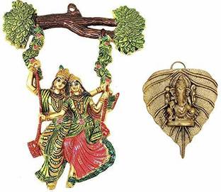 Chhariya Crafts Combo Radha Krishna Tree Jhula and Ganesha On Leaf Decorative Showpiece  -  32 cm